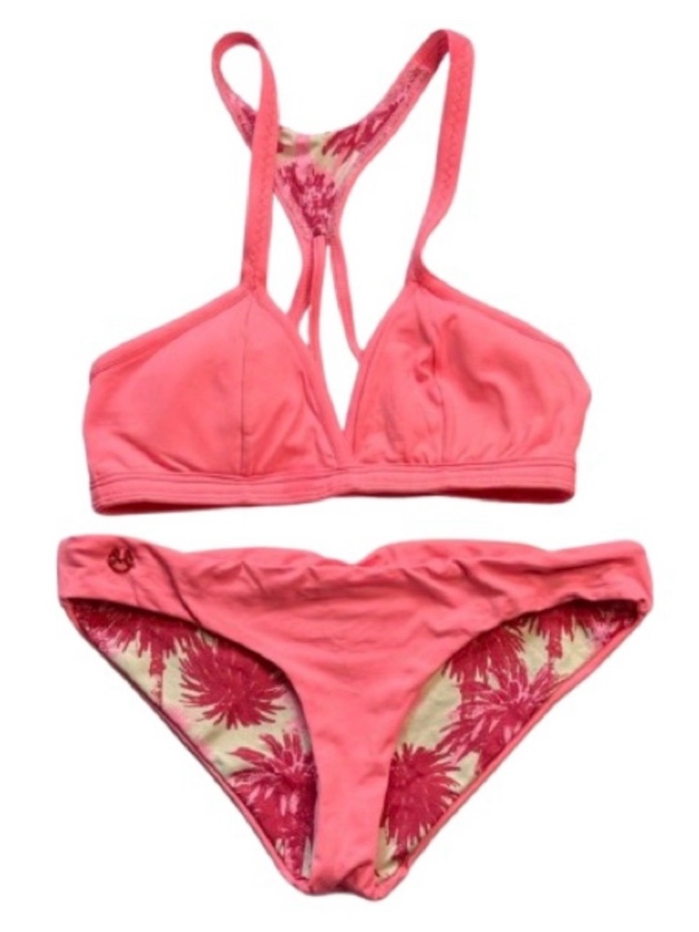 Maaji Reversible Pink Palms Tropical Floral Racerback Strappy Bikini Set Size M